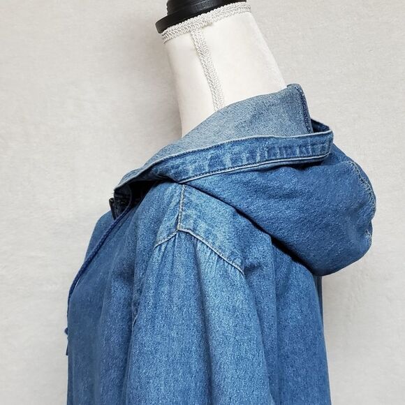 VINTAGE 1990s Sag Harbor Stone Wash Full-zip Hooded Denim Shacket Jacket Medium - Picture 11 of 16
